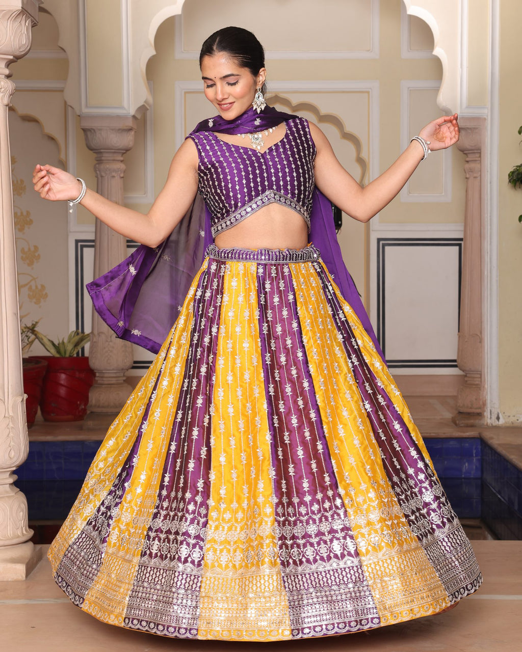 Purple & Mustard Yellow Zari Weaving Work Festive & Wedding Wear Semi-Stitched Lehenga Choli with Dupatta