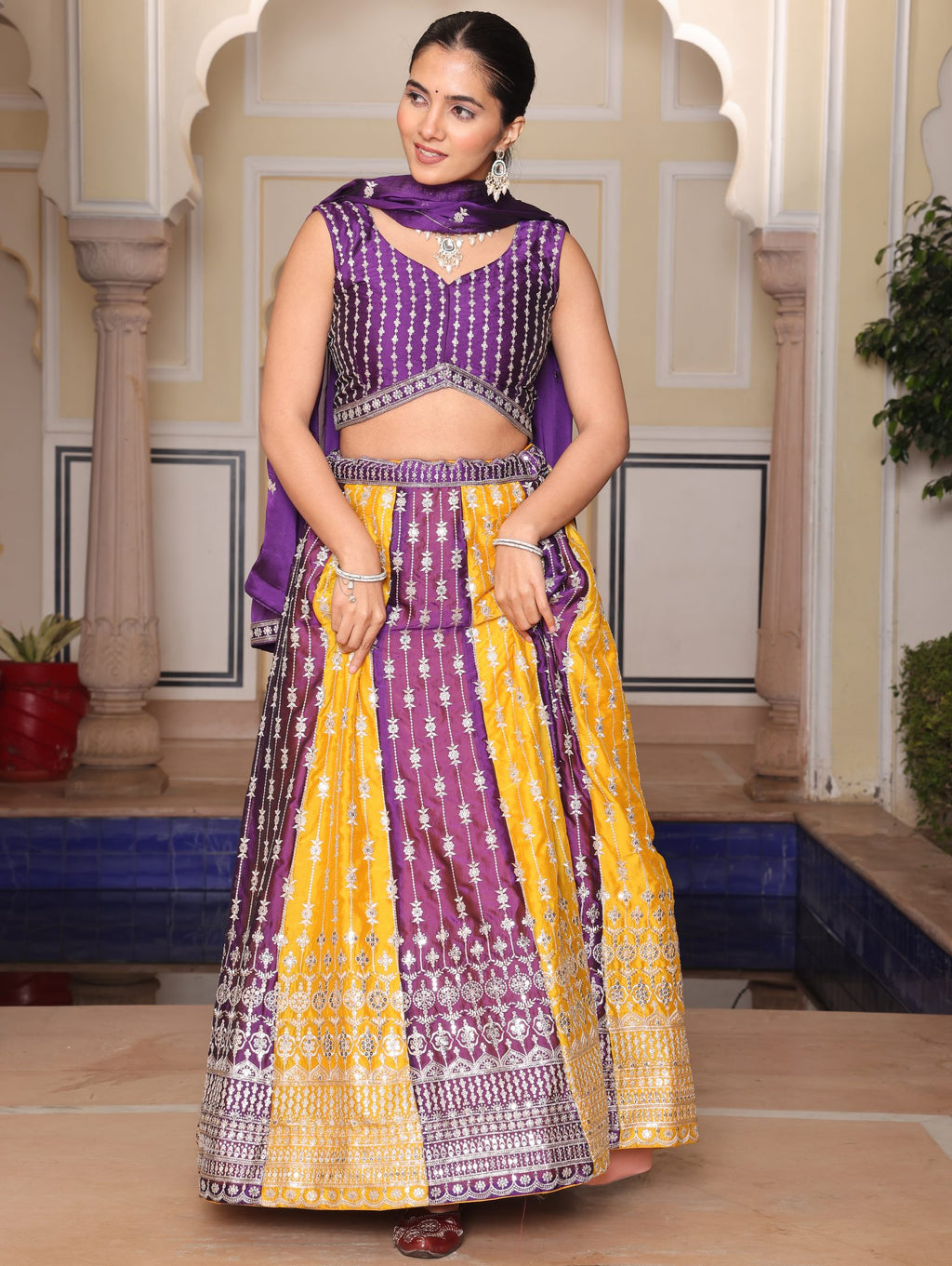 Purple & Mustard Yellow Zari Weaving Work Festive & Wedding Wear Semi-Stitched Lehenga Choli with Dupatta