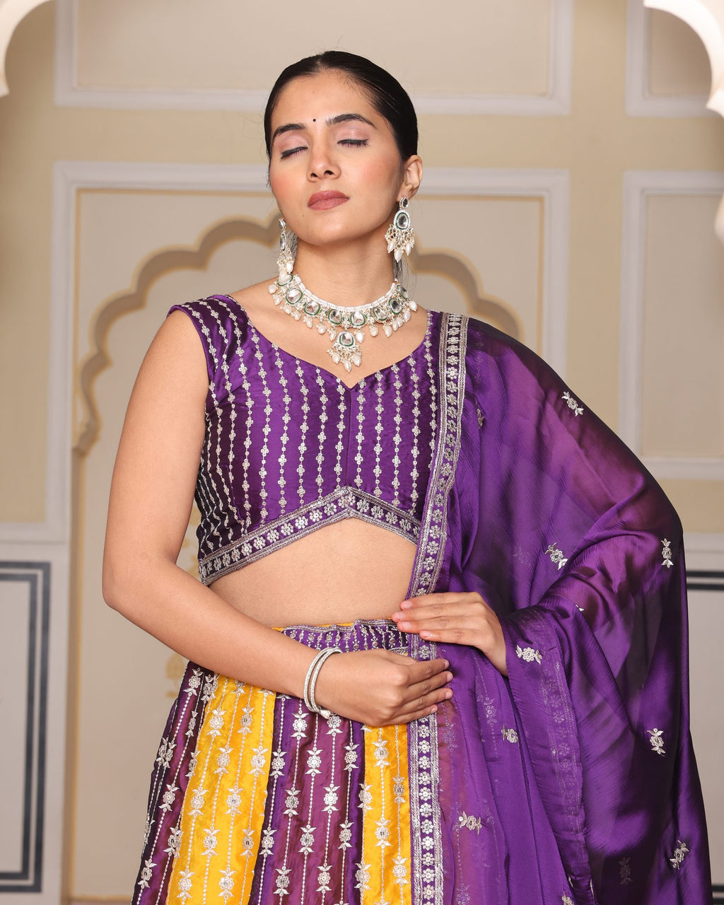 Purple & Mustard Yellow Zari Weaving Work Festive & Wedding Wear Semi-Stitched Lehenga Choli with Dupatta