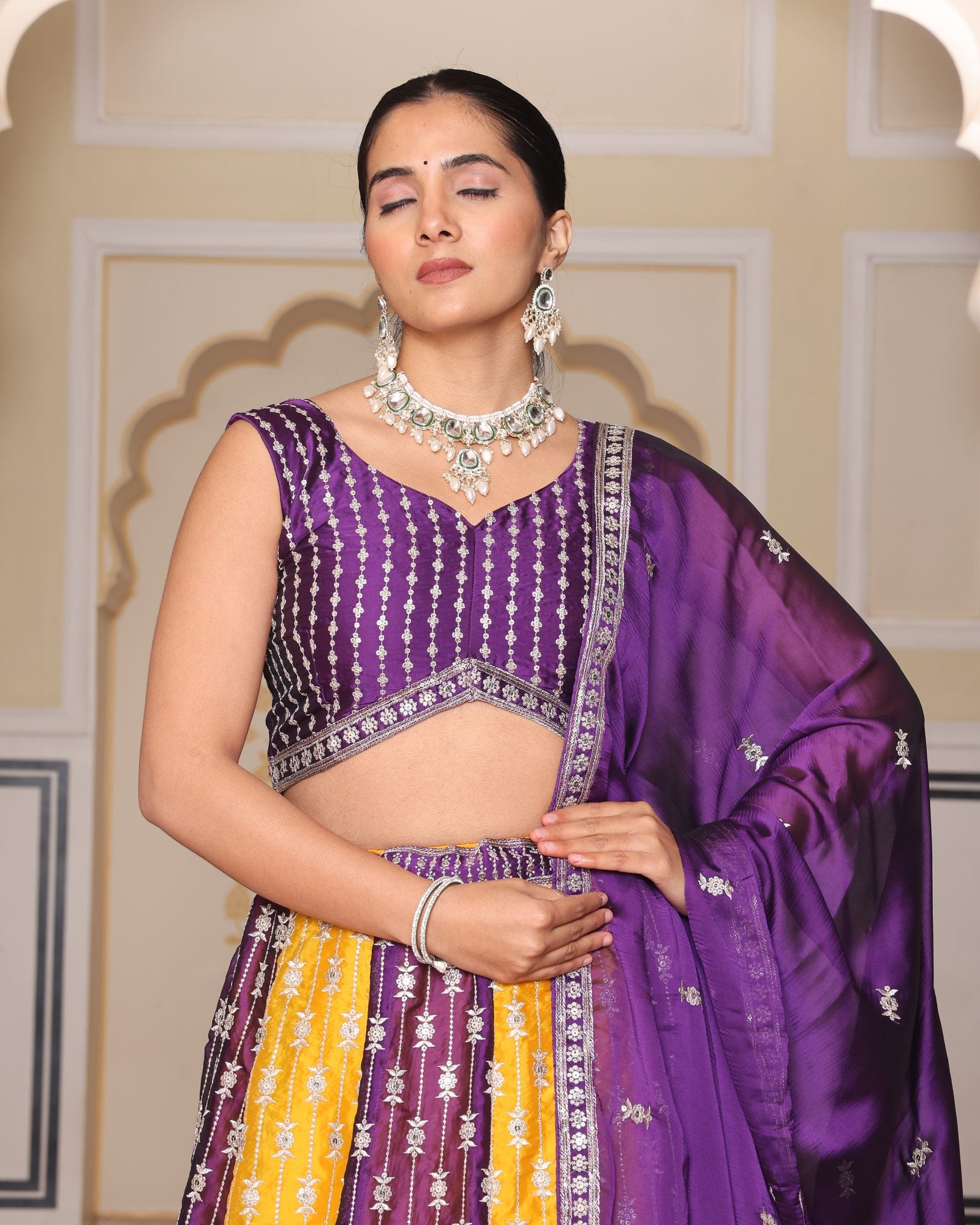Purple & Mustard Yellow Zari Weaving Work Festive & Wedding Wear Semi-Stitched Lehenga Choli with Dupatta