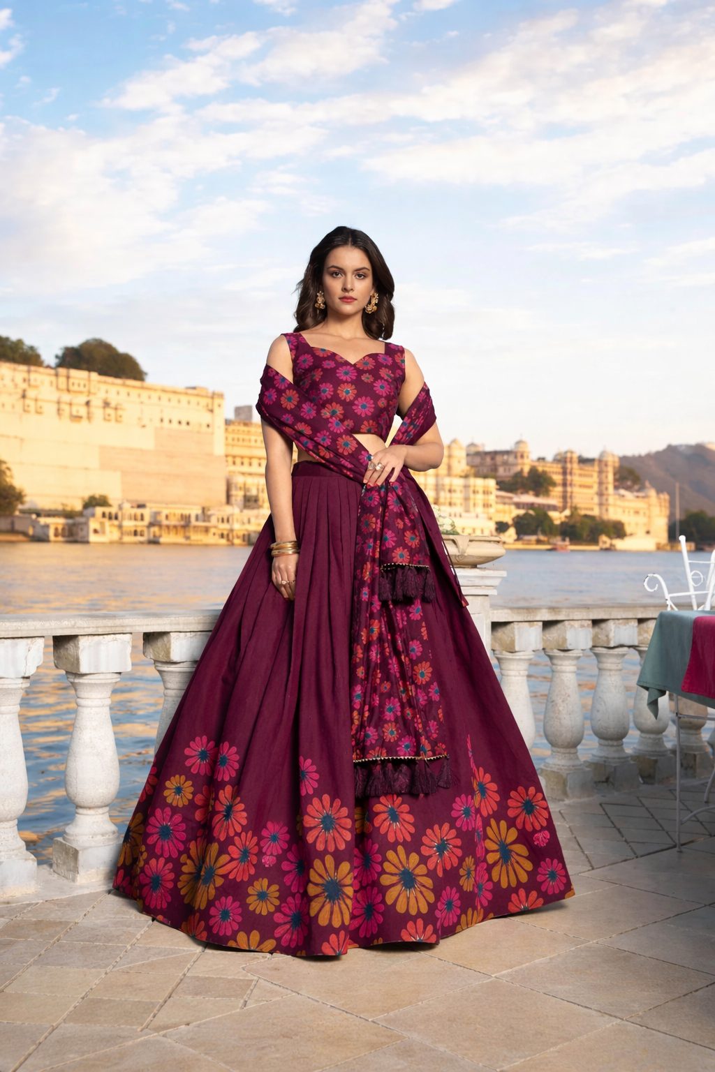 Brown Floral Printed Festive Wear Chinon Lehenga Unstitched Blouse With Dupatta