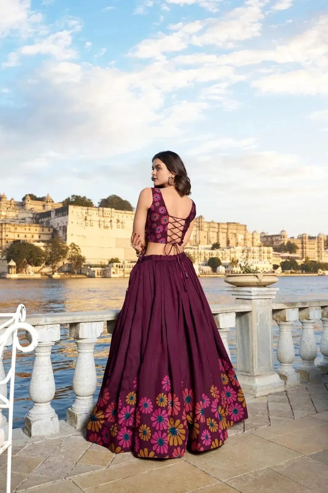 Brown Floral Printed Festive Wear Chinon Lehenga Unstitched Blouse With Dupatta