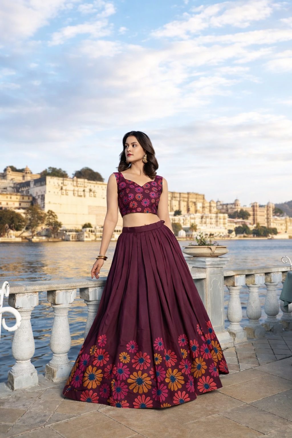 Brown Floral Printed Festive Wear Chinon Lehenga Unstitched Blouse With Dupatta
