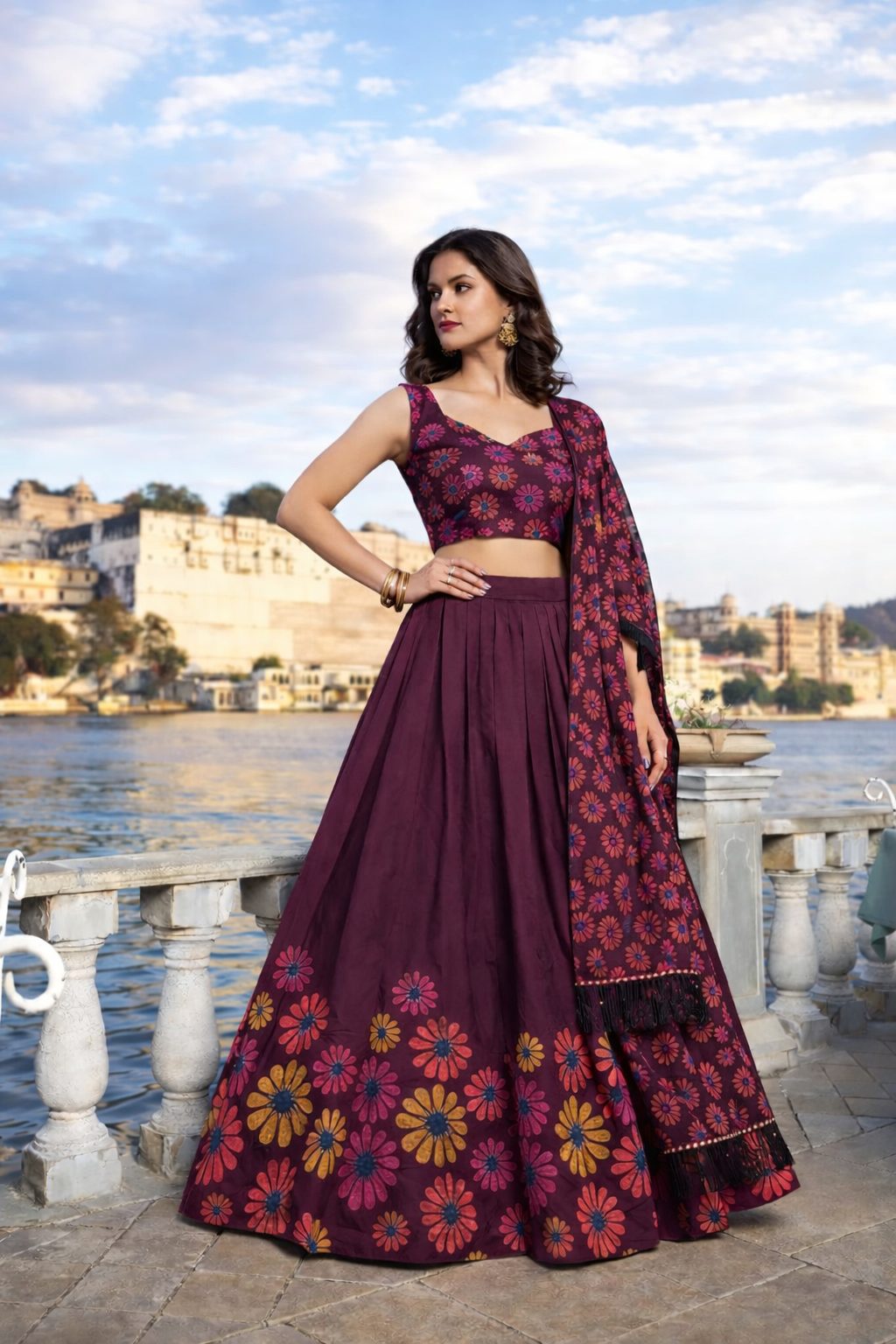 Brown Floral Printed Festive Wear Chinon Lehenga Unstitched Blouse With Dupatta
