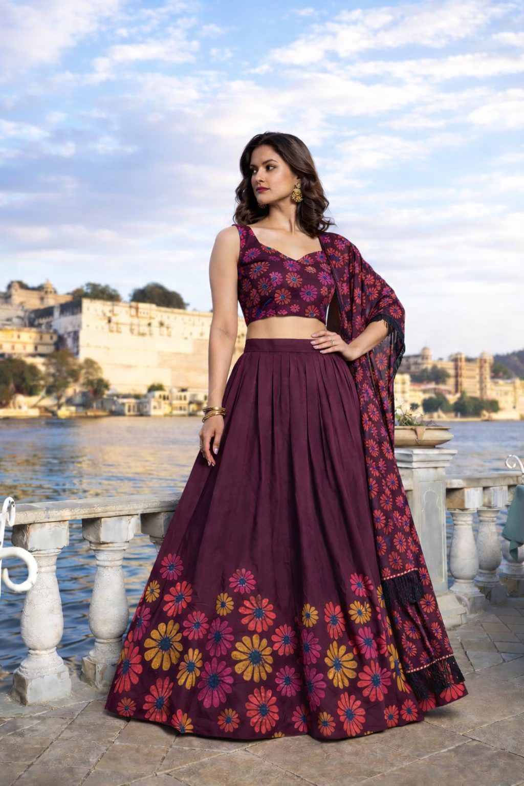 Brown Floral Printed Festive Wear Chinon Lehenga Unstitched Blouse With Dupatta