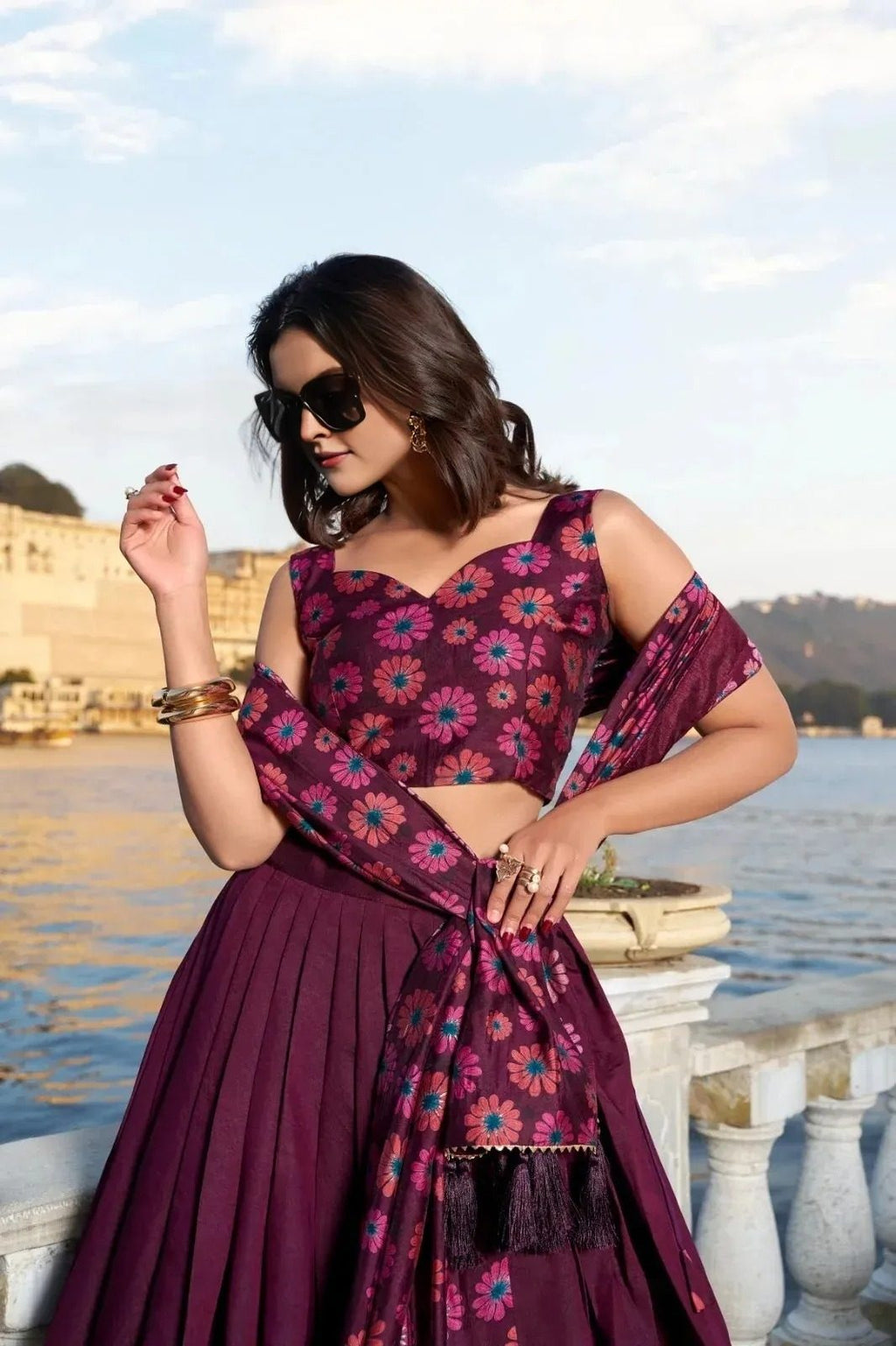 Brown Floral Printed Festive Wear Chinon Lehenga Unstitched Blouse With Dupatta