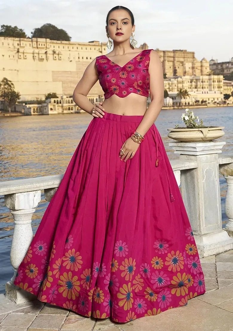 Rani Pink Floral Printed Festive Wear Chinon Semi-Stitch Lehenga, Unstitched Blouse With Dupatta