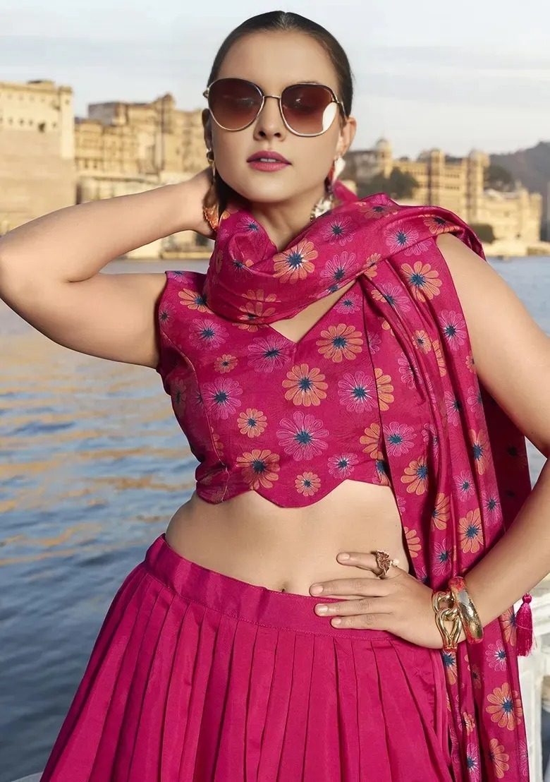 Rani Pink Floral Printed Festive Wear Chinon Semi-Stitch Lehenga, Unstitched Blouse With Dupatta