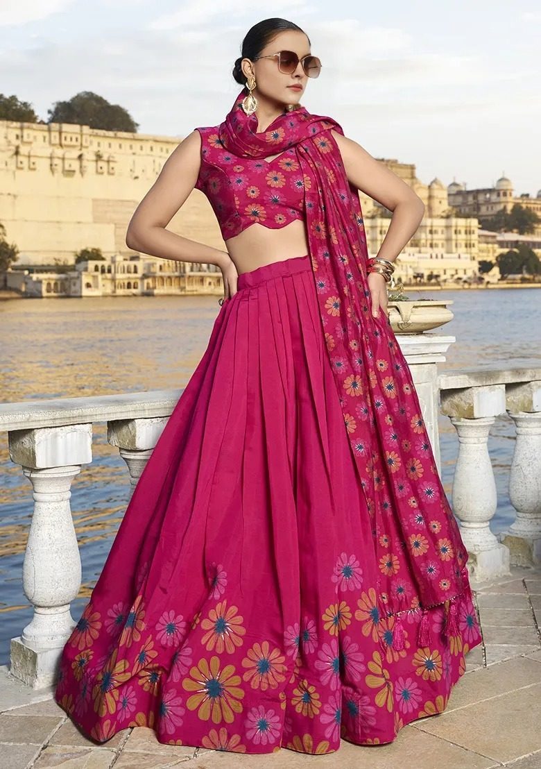 Rani Pink Floral Printed Festive Wear Chinon Semi-Stitch Lehenga, Unstitched Blouse With Dupatta
