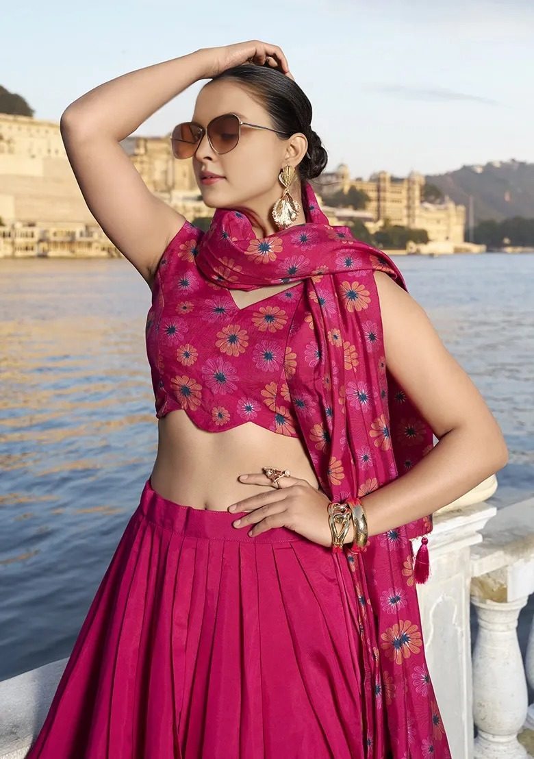 Rani Pink Floral Printed Festive Wear Chinon Semi-Stitch Lehenga, Unstitched Blouse With Dupatta