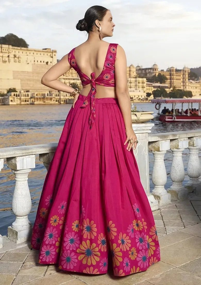 Rani Pink Floral Printed Festive Wear Chinon Semi-Stitch Lehenga, Unstitched Blouse With Dupatta