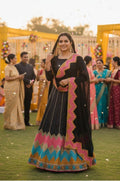 Black Multicolor Zigzag Border Taffeta Silk Festive & Wedding Wear Semi-stitch Lehenga Set