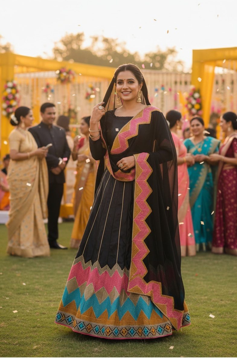 Black Multicolor Zigzag Border Taffeta Silk Festive & Wedding Wear Semi-stitch Lehenga Set