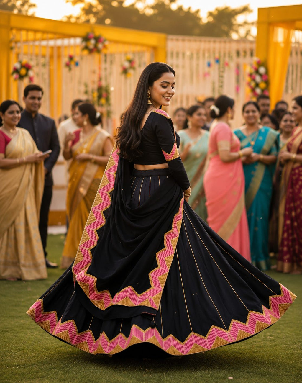 Black Multicolor Zigzag Border Taffeta Silk Festive & Wedding Wear Semi-stitch Lehenga Set