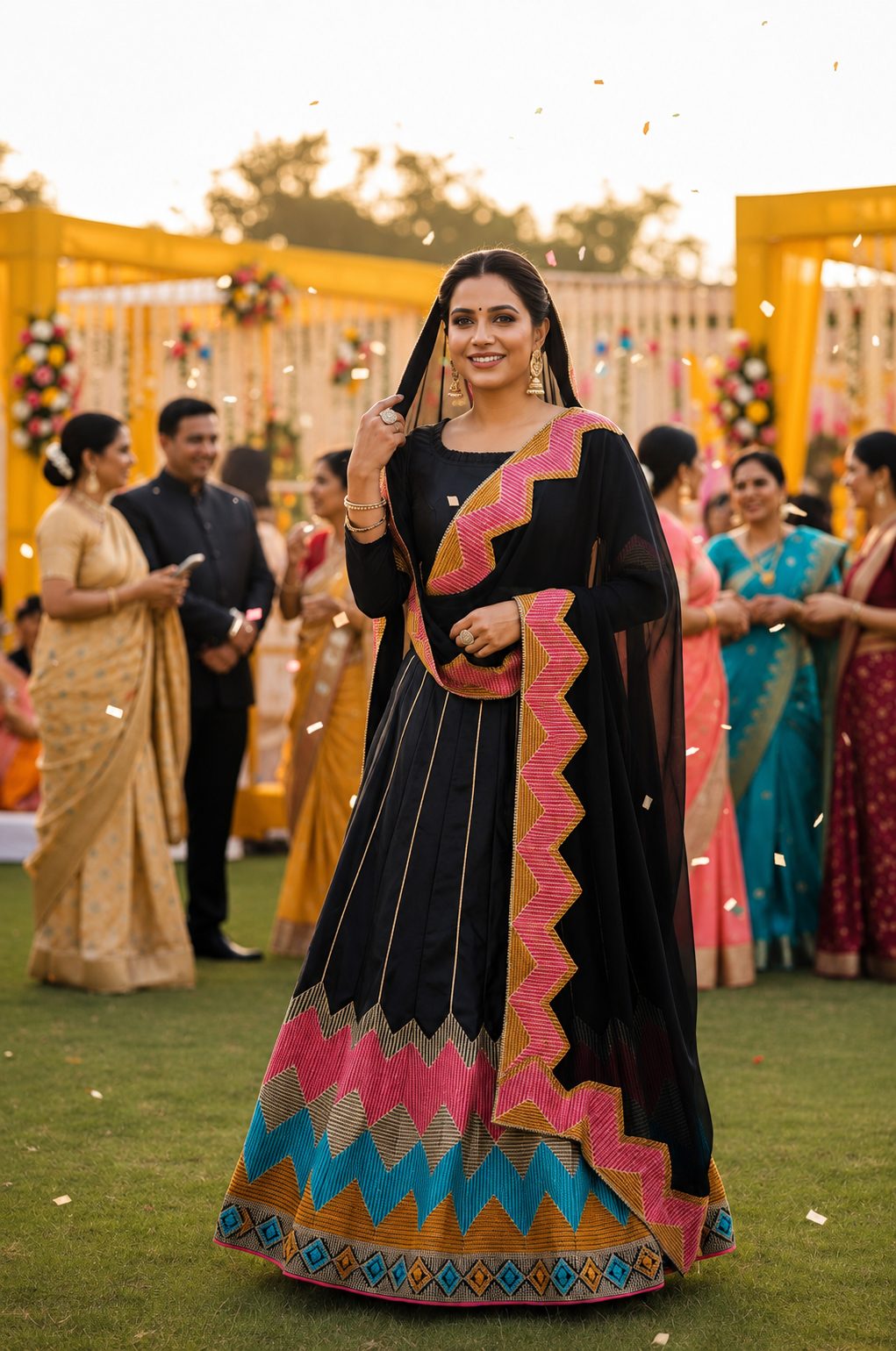 Black Multicolor Zigzag Border Taffeta Silk Festive & Wedding Wear Semi-stitch Lehenga Set