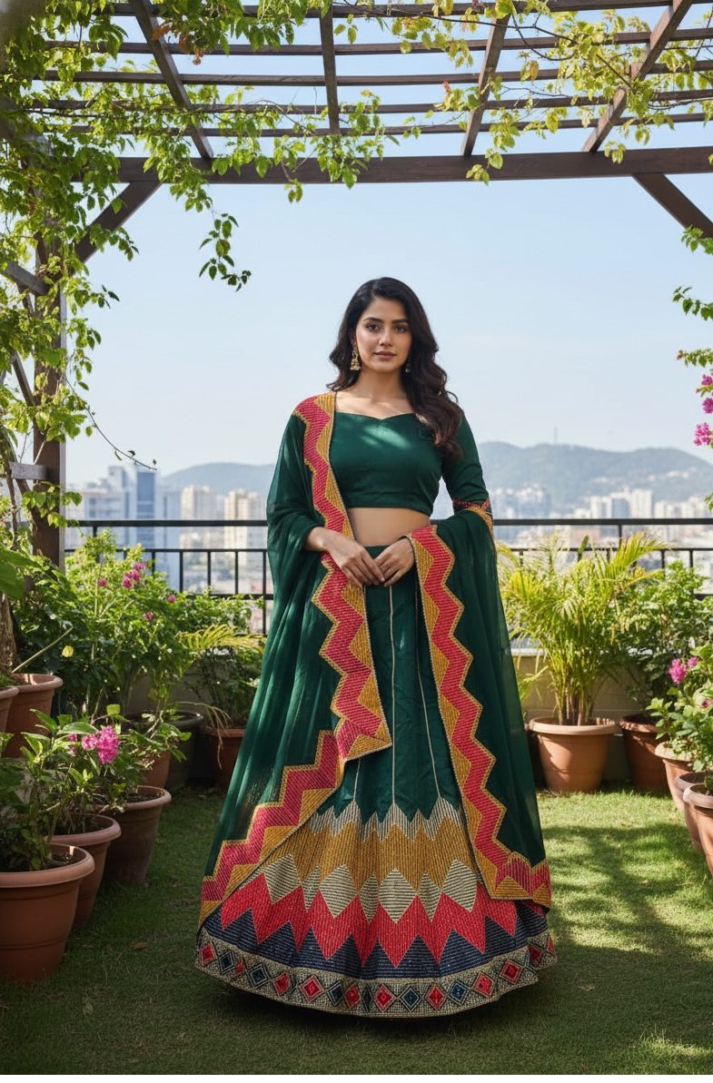 Green Multicolor Zigzag Border Taffeta Silk Festive & Wedding Wear Semi-stitch Lehenga Set