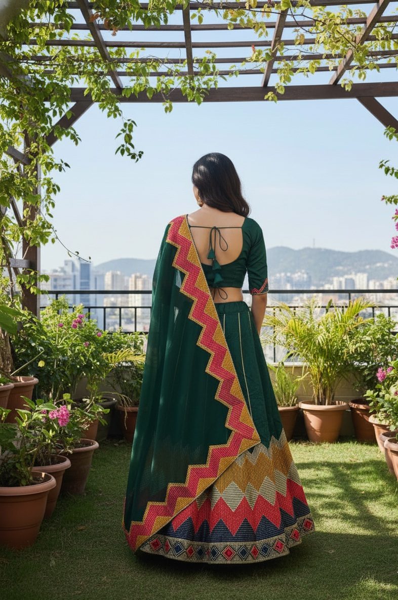 Green Multicolor Zigzag Border Taffeta Silk Festive & Wedding Wear Semi-stitch Lehenga Set