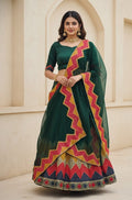 Green Multicolor Zigzag Border Taffeta Silk Festive & Wedding Wear Semi-stitch Lehenga Set