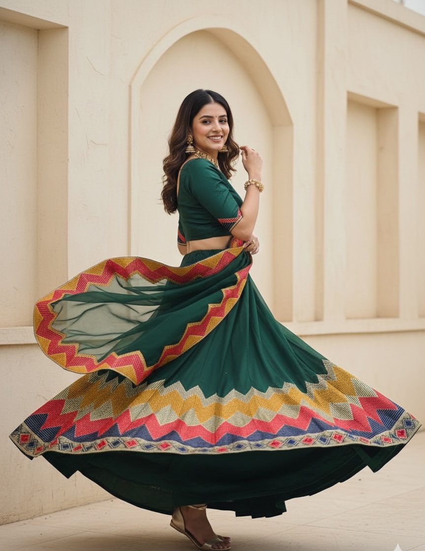 Green Multicolor Zigzag Border Taffeta Silk Festive & Wedding Wear Semi-stitch Lehenga Set