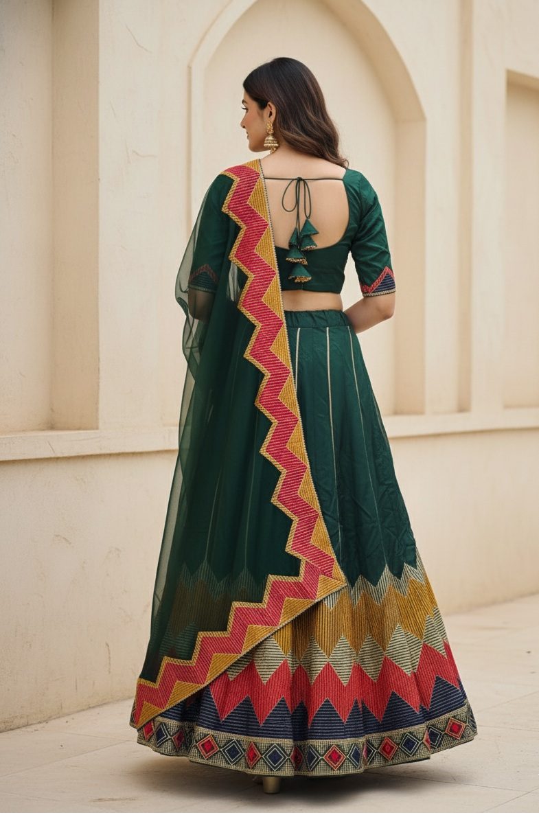 Green Multicolor Zigzag Border Taffeta Silk Festive & Wedding Wear Semi-stitch Lehenga Set