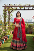 Red Multicolor Zigzag Border Taffeta Silk Festive & Wedding Wear Semi-stitch Lehenga Set