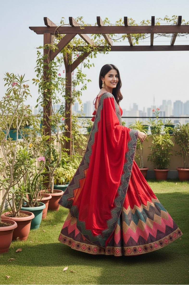 Red Multicolor Zigzag Border Taffeta Silk Festive & Wedding Wear Semi-stitch Lehenga Set
