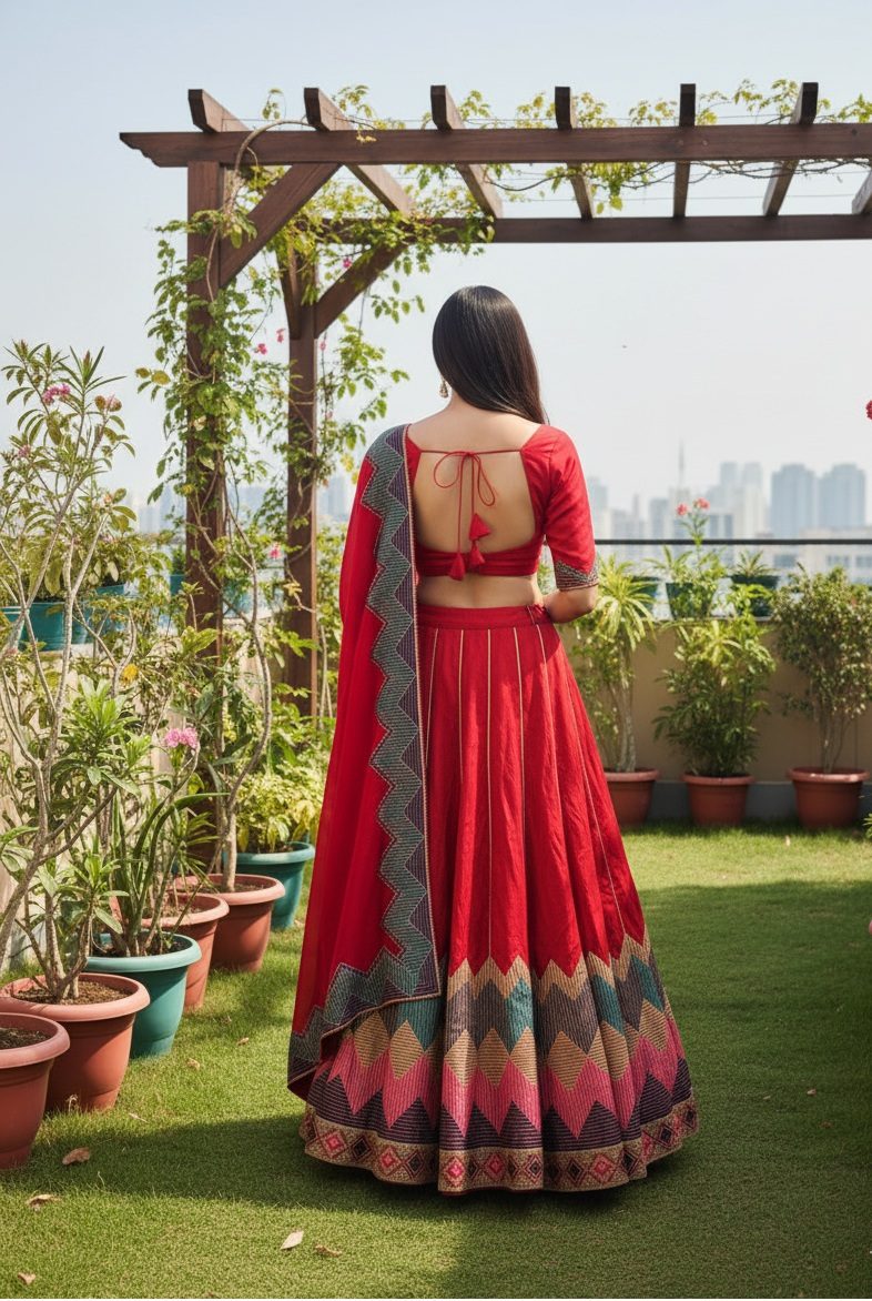 Red Multicolor Zigzag Border Taffeta Silk Festive & Wedding Wear Semi-stitch Lehenga Set