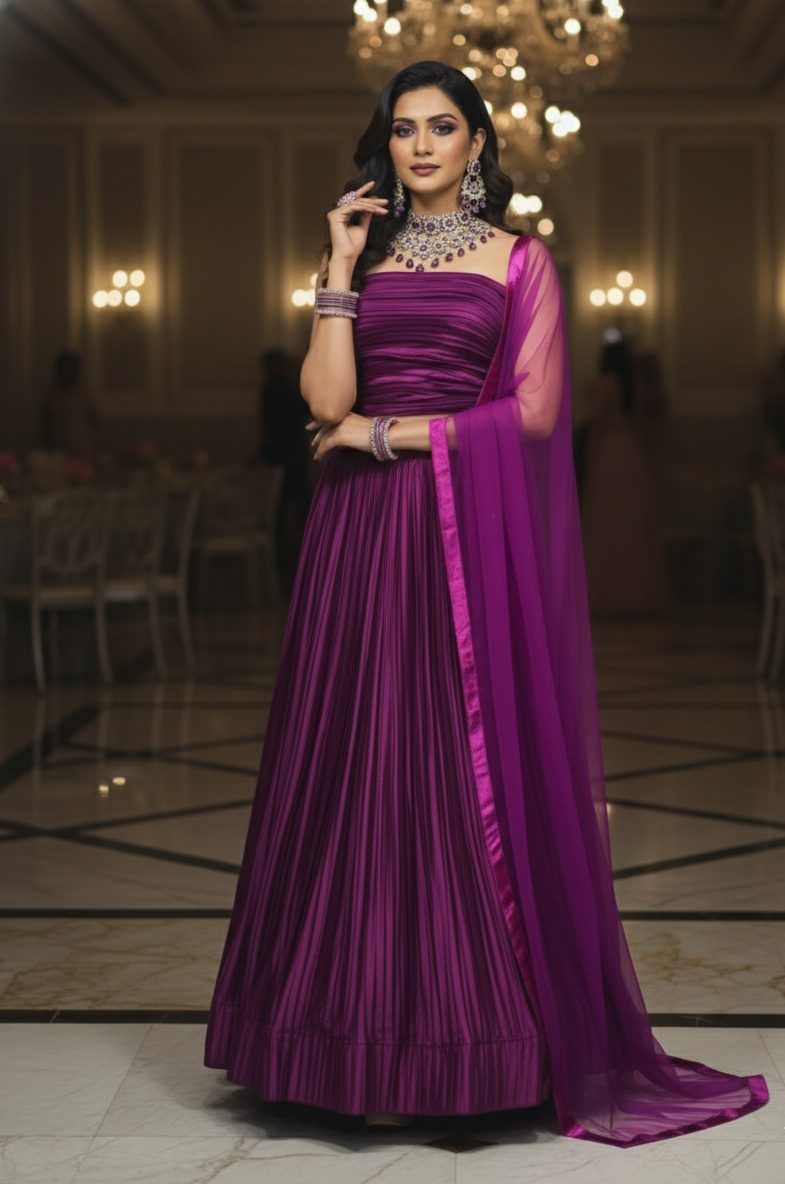 Royal Magenta Pleated Satin Party Wear Semi-Stitch Lehenga & Blouse With Dupatta