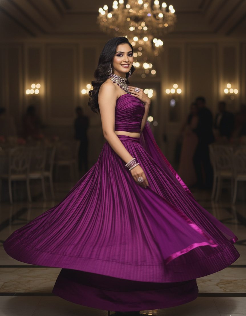 Royal Magenta Pleated Satin Party Wear Semi-Stitch Lehenga & Blouse With Dupatta