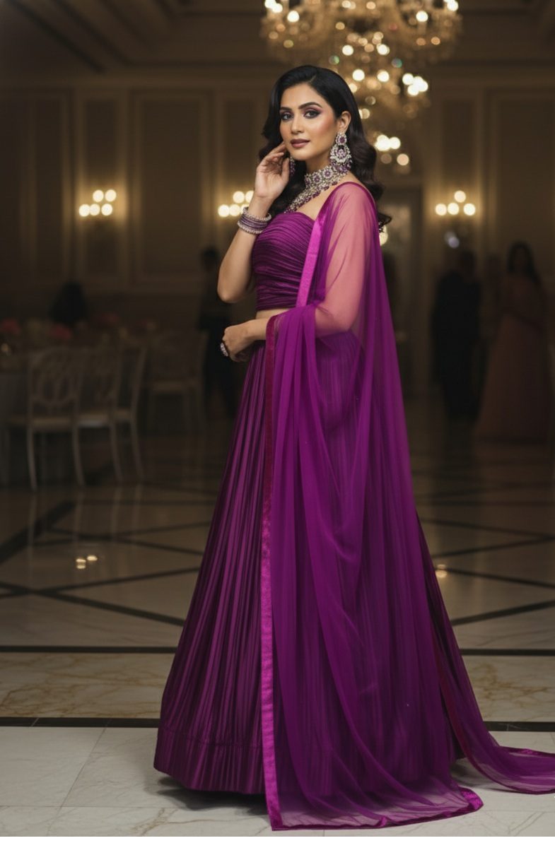 Royal Magenta Pleated Satin Party Wear Semi-Stitch Lehenga & Blouse With Dupatta