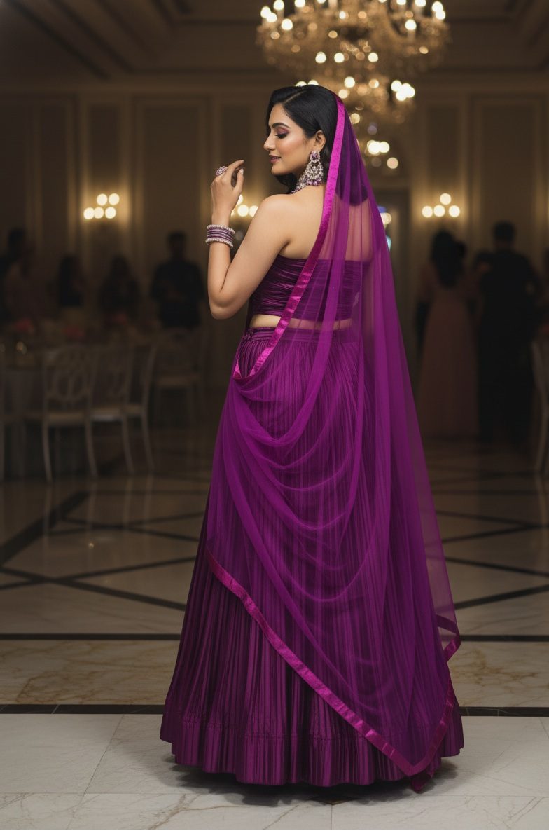 Royal Magenta Pleated Satin Party Wear Semi-Stitch Lehenga & Blouse With Dupatta