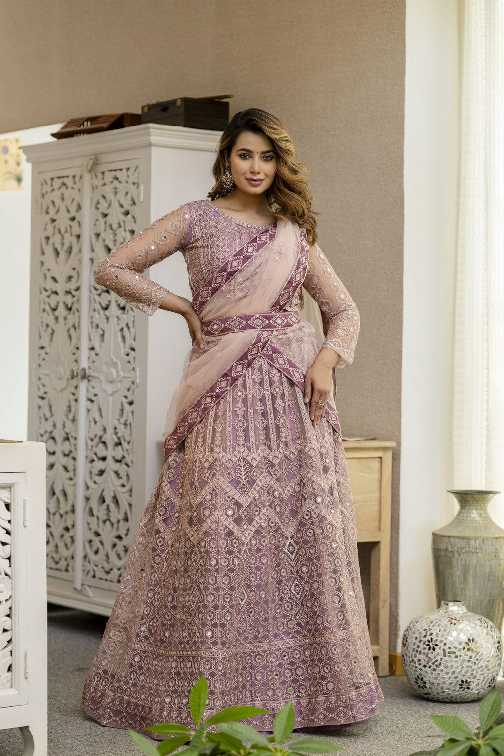Dusty Mauve Designer Embroidered Party Wear Semi-Stitch Net Lehenga Set