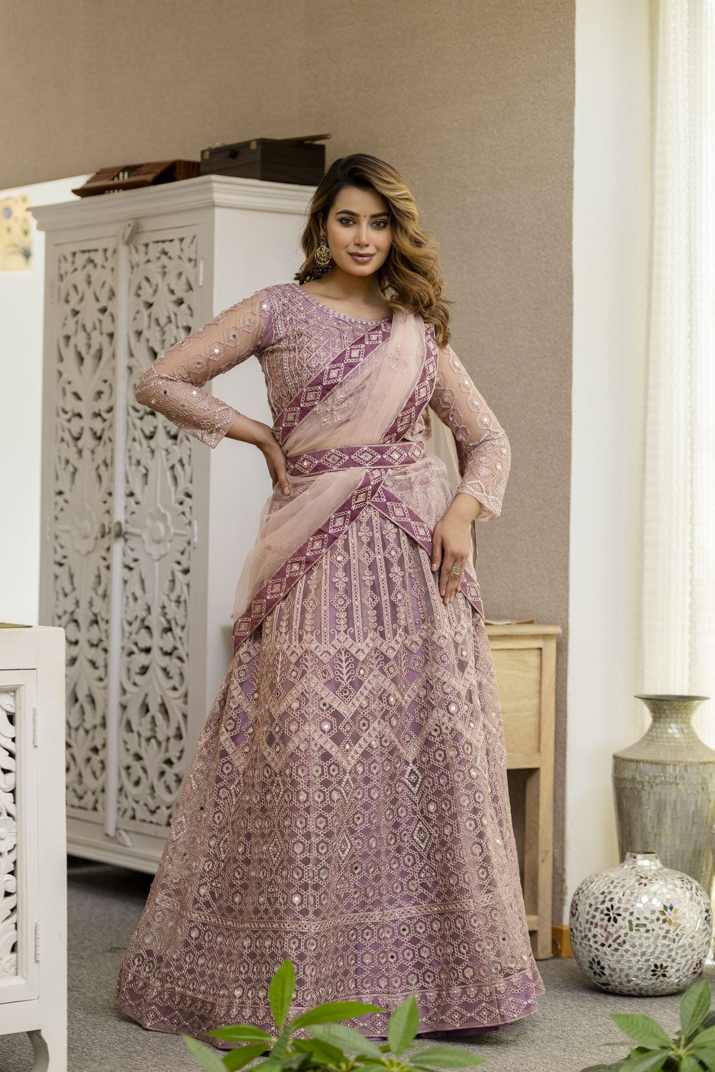 Dusty Mauve Designer Embroidered Party Wear Semi-Stitch Net Lehenga Set