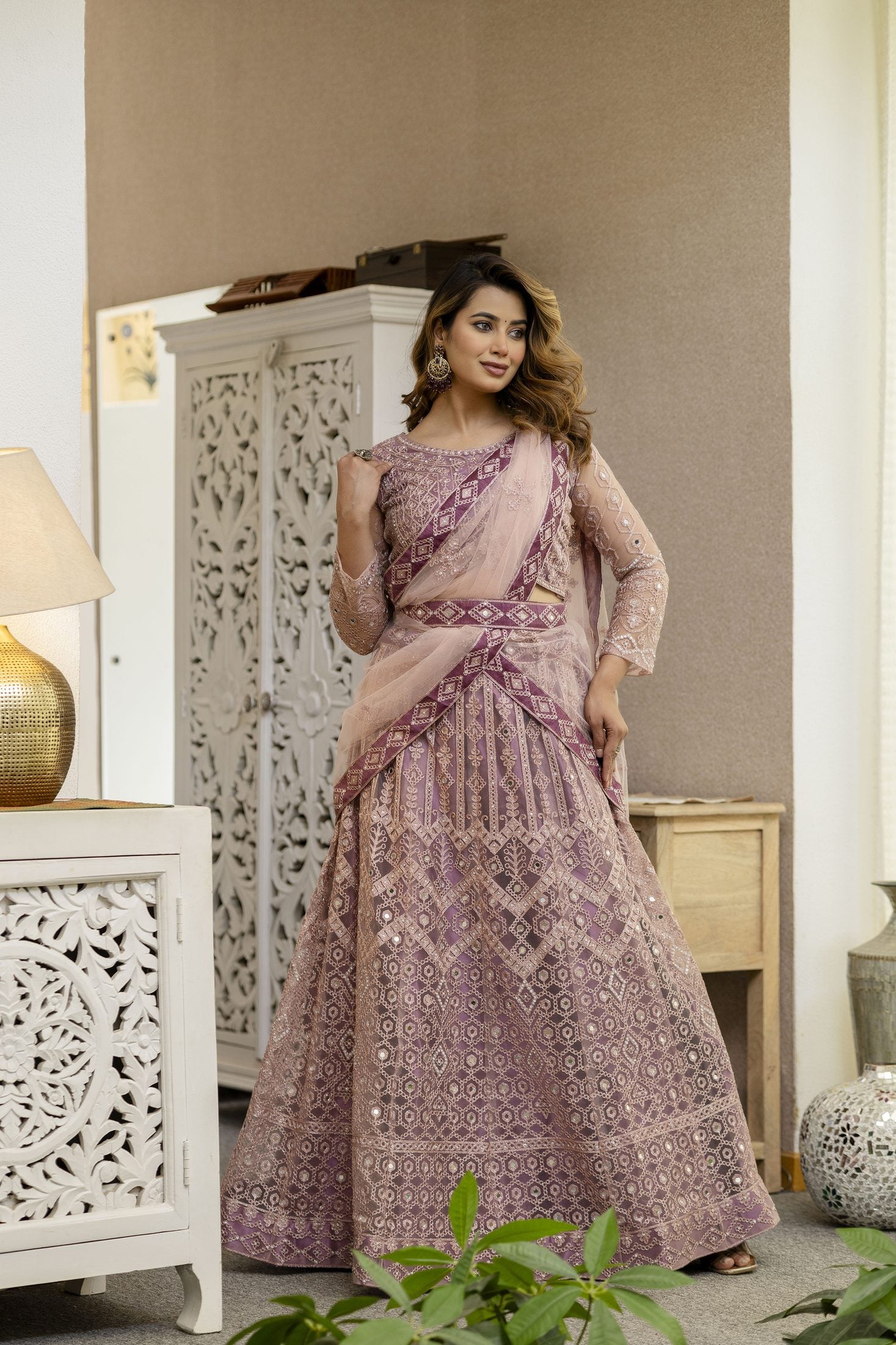 Dusty Mauve Designer Embroidered Party Wear Semi-Stitch Net Lehenga Set