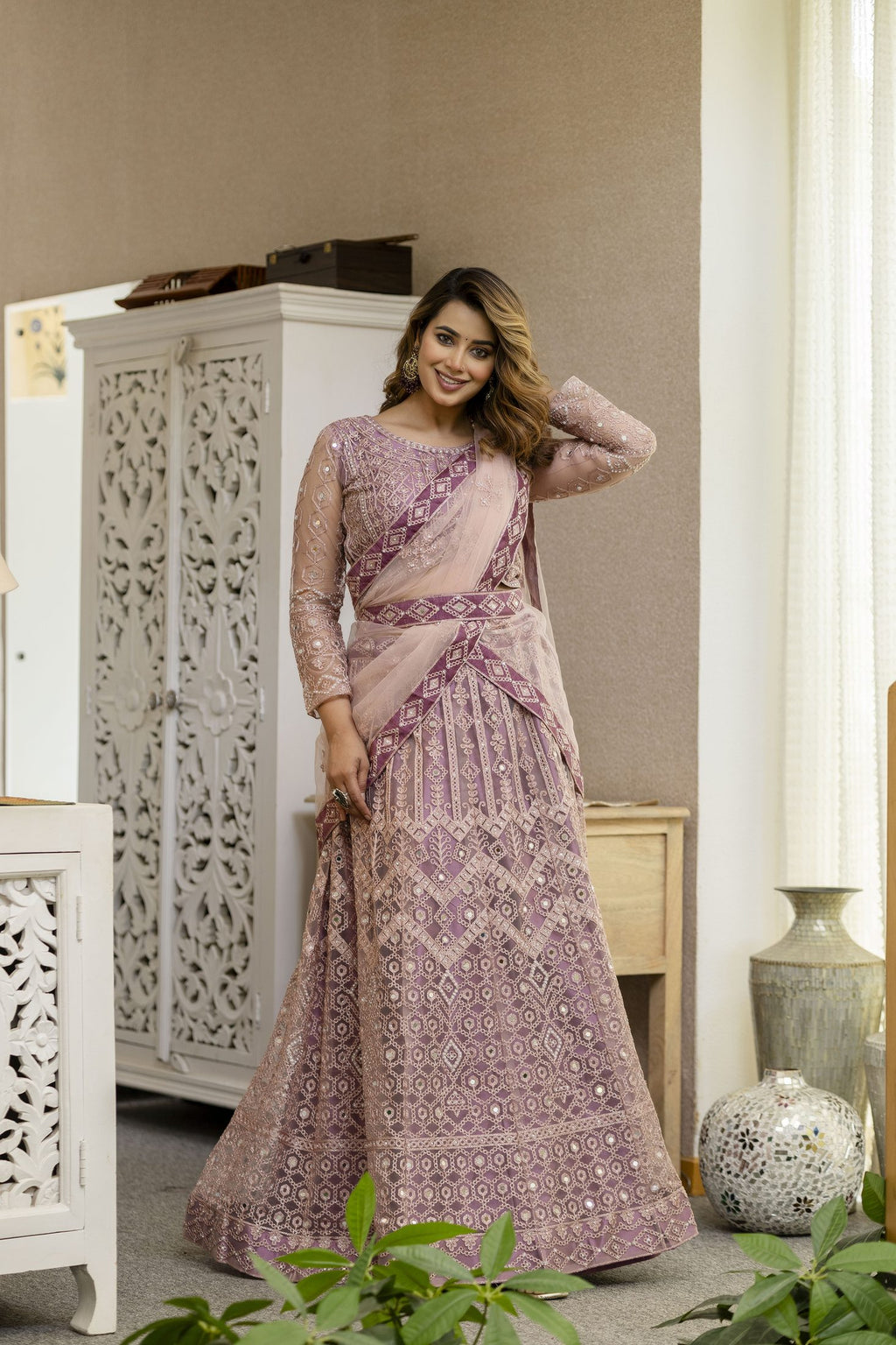 Dusty Mauve Designer Embroidered Party Wear Semi-Stitch Net Lehenga Set