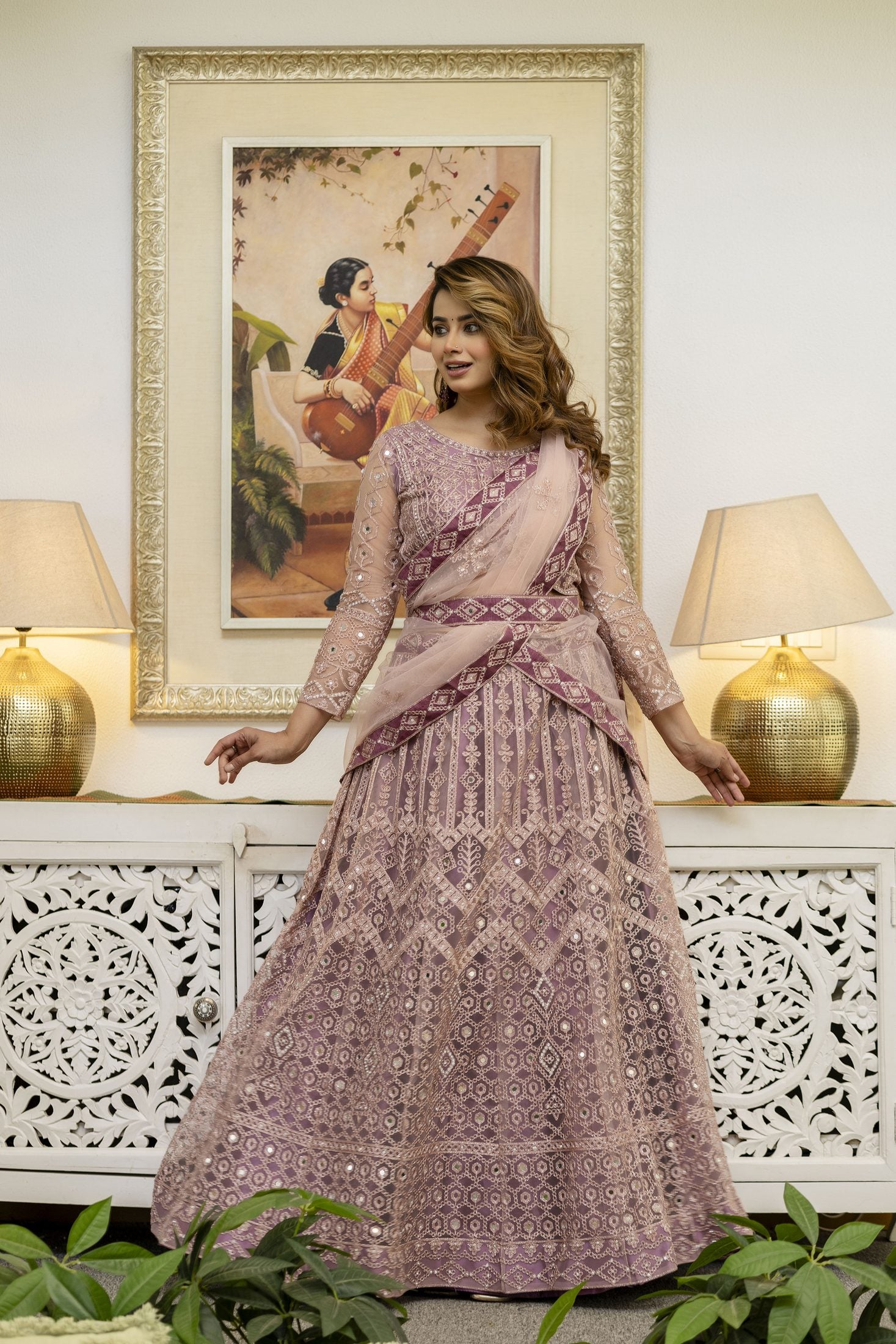 Dusty Mauve Designer Embroidered Party Wear Semi-Stitch Net Lehenga Set