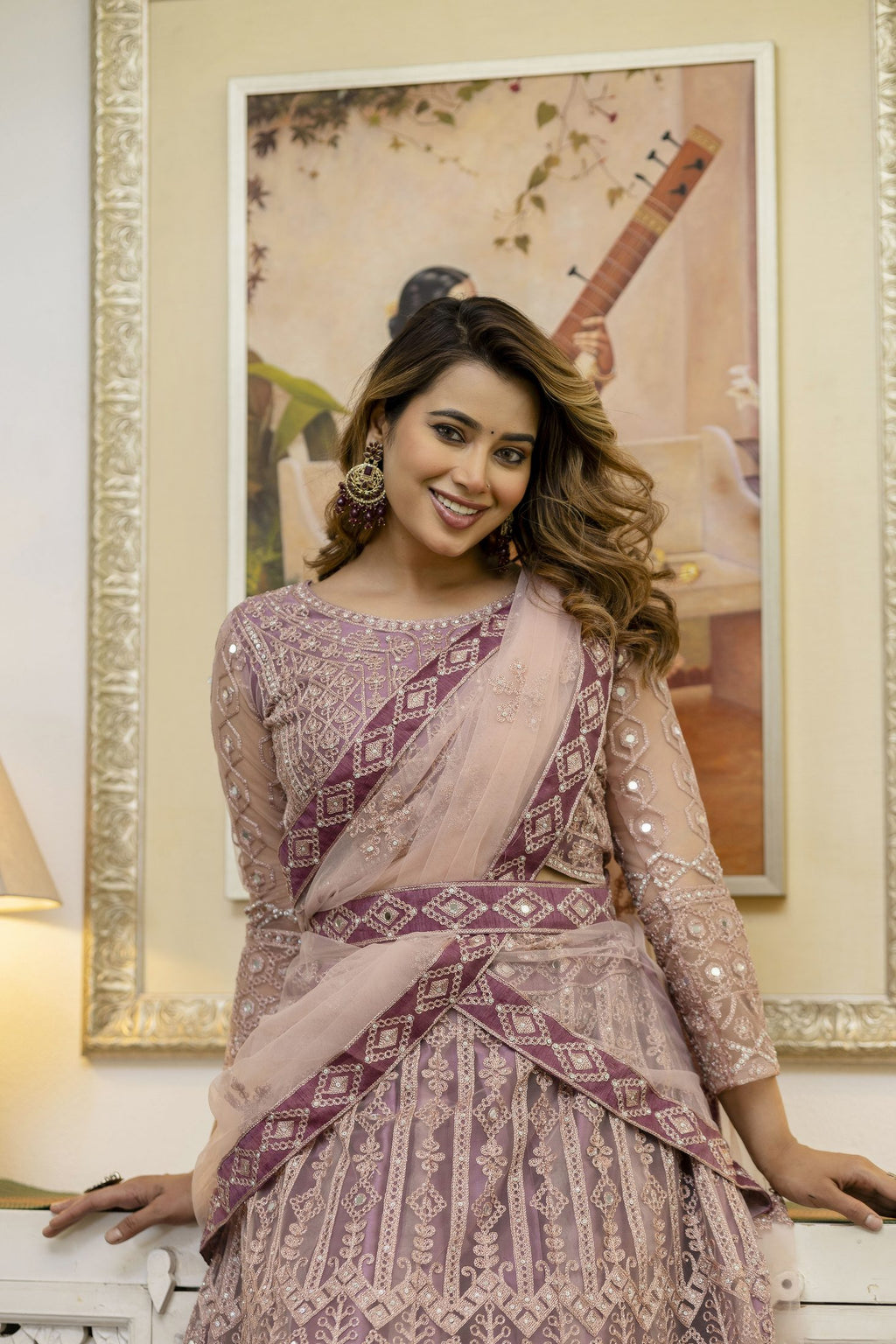 Dusty Mauve Designer Embroidered Party Wear Semi-Stitch Net Lehenga Set