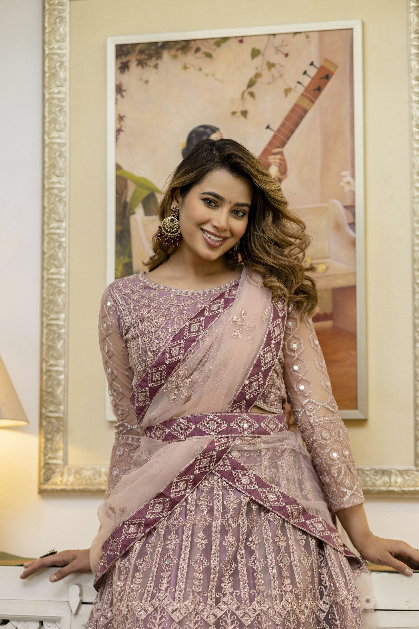 Dusty Mauve Designer Embroidered Party Wear Semi-Stitch Net Lehenga Set