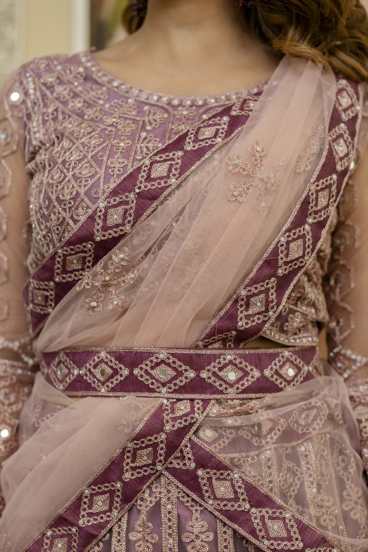 Dusty Mauve Designer Embroidered Party Wear Semi-Stitch Net Lehenga Set