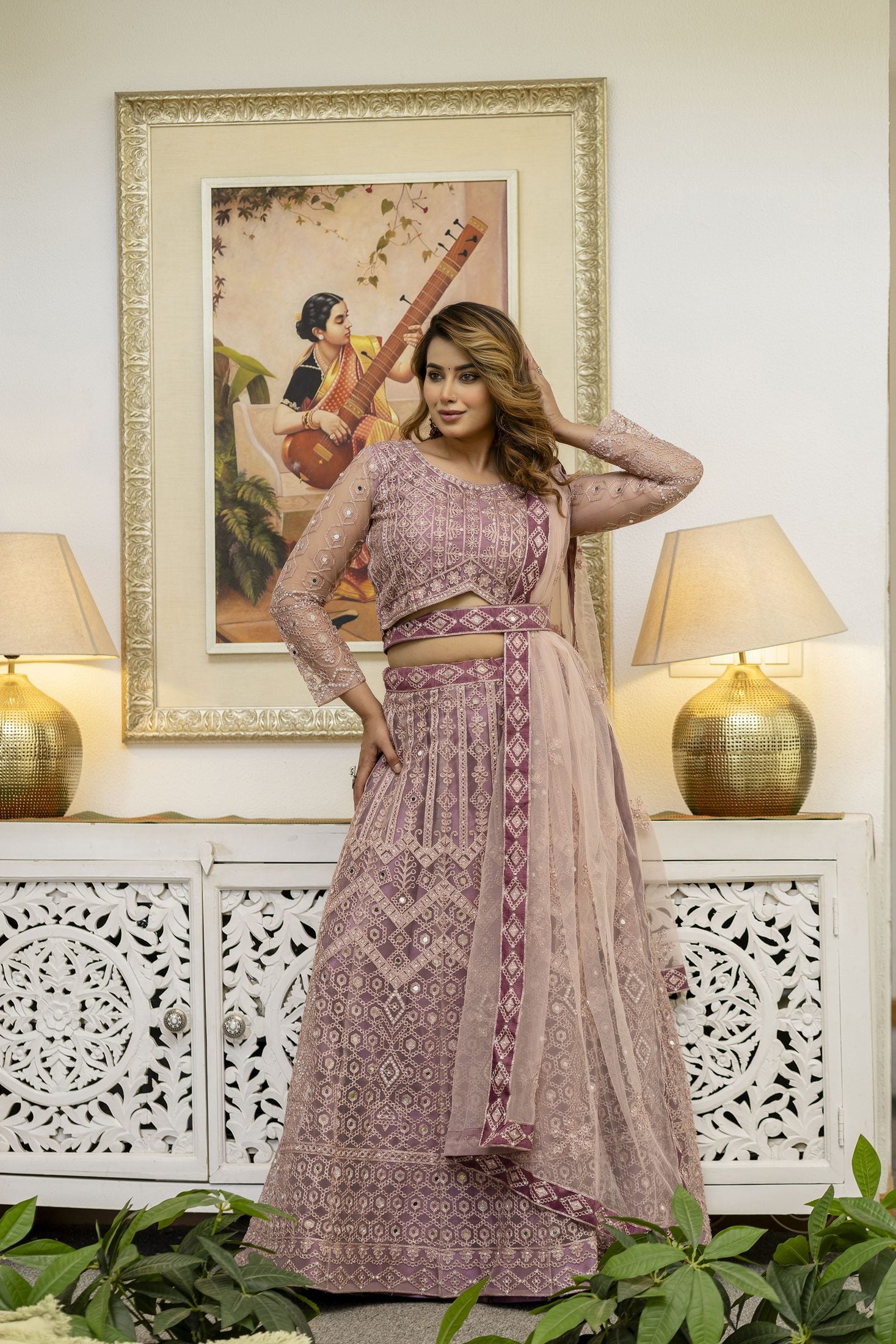 Dusty Mauve Designer Embroidered Party Wear Semi-Stitch Net Lehenga Set