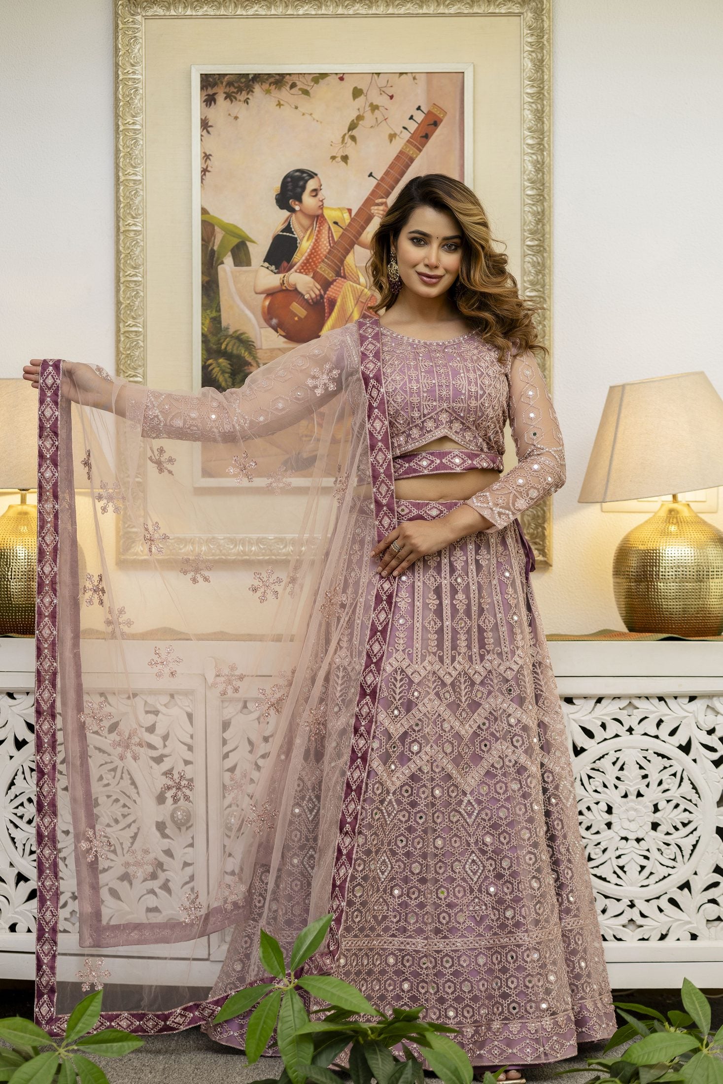 Dusty Mauve Designer Embroidered Party Wear Semi-Stitch Net Lehenga Set