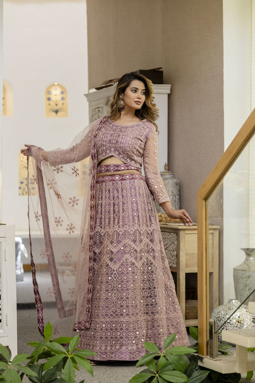 Dusty Mauve Designer Embroidered Party Wear Semi-Stitch Net Lehenga Set