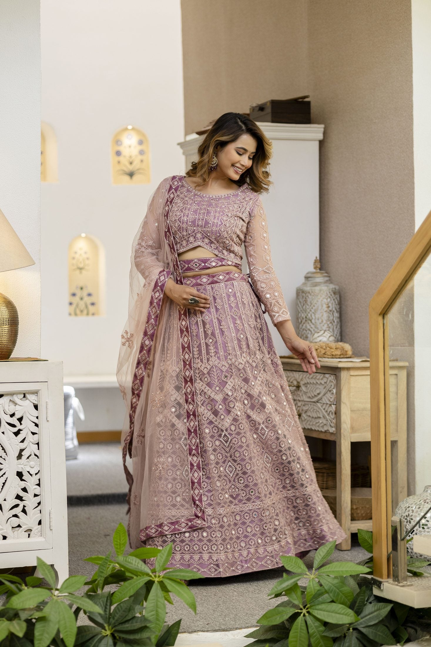 Dusty Mauve Designer Embroidered Party Wear Semi-Stitch Net Lehenga Set