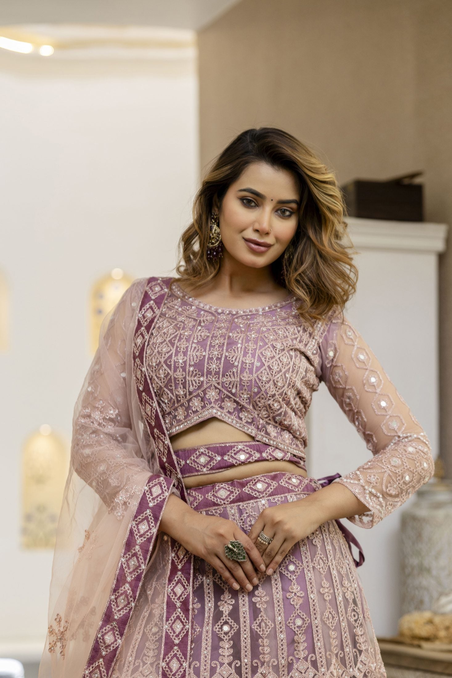 Dusty Mauve Designer Embroidered Party Wear Semi-Stitch Net Lehenga Set