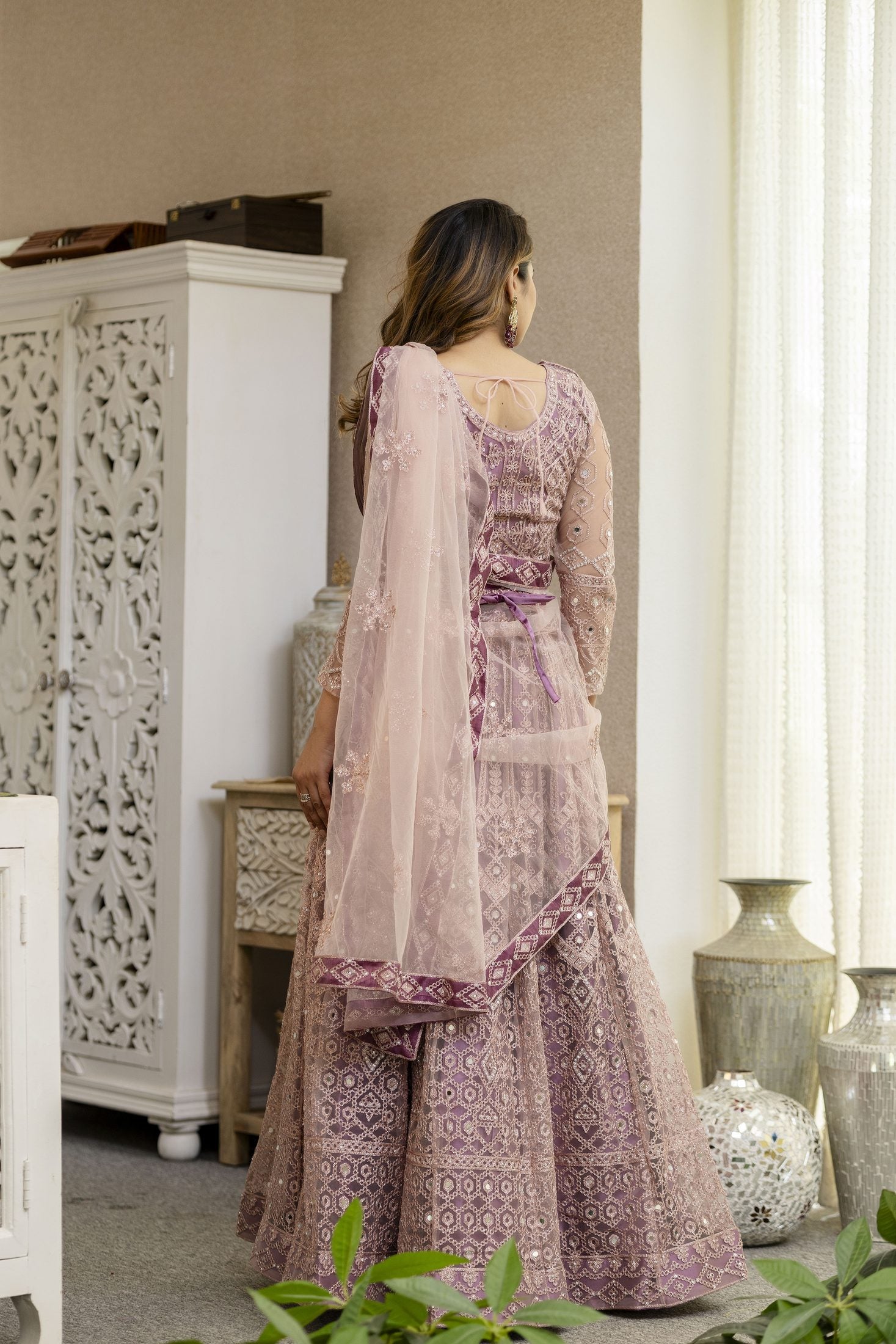 Dusty Mauve Designer Embroidered Party Wear Semi-Stitch Net Lehenga Set