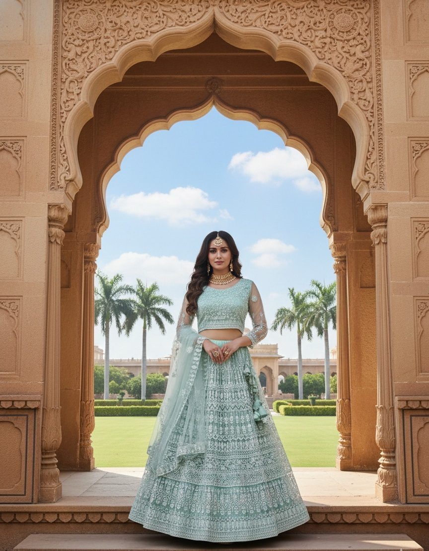 Embellished Semi-Stitched Wedding Wear Net Lehenga & Unstitched Blouse With Dupatta With Thread Embroidered