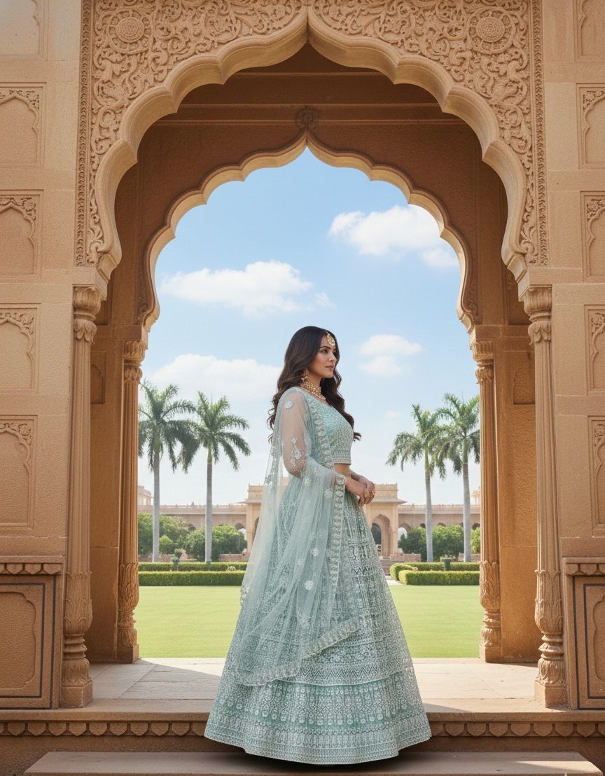 Embellished Semi-Stitched Wedding Wear Net Lehenga & Unstitched Blouse With Dupatta With Thread Embroidered