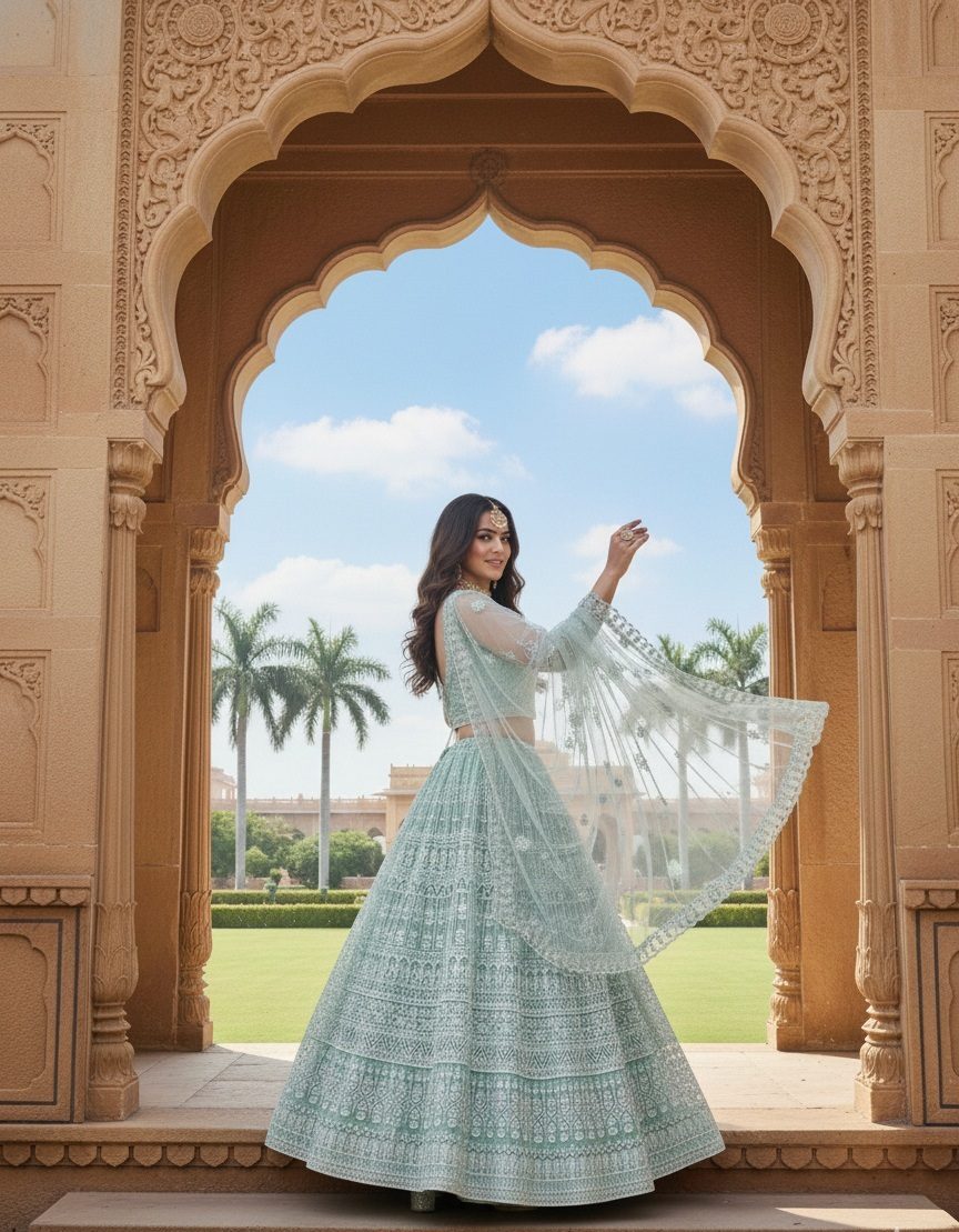 Embellished Semi-Stitched Wedding Wear Net Lehenga & Unstitched Blouse With Dupatta With Thread Embroidered