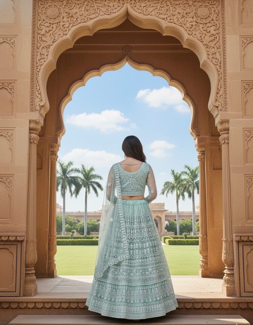 Embellished Semi-Stitched Wedding Wear Net Lehenga & Unstitched Blouse With Dupatta With Thread Embroidered
