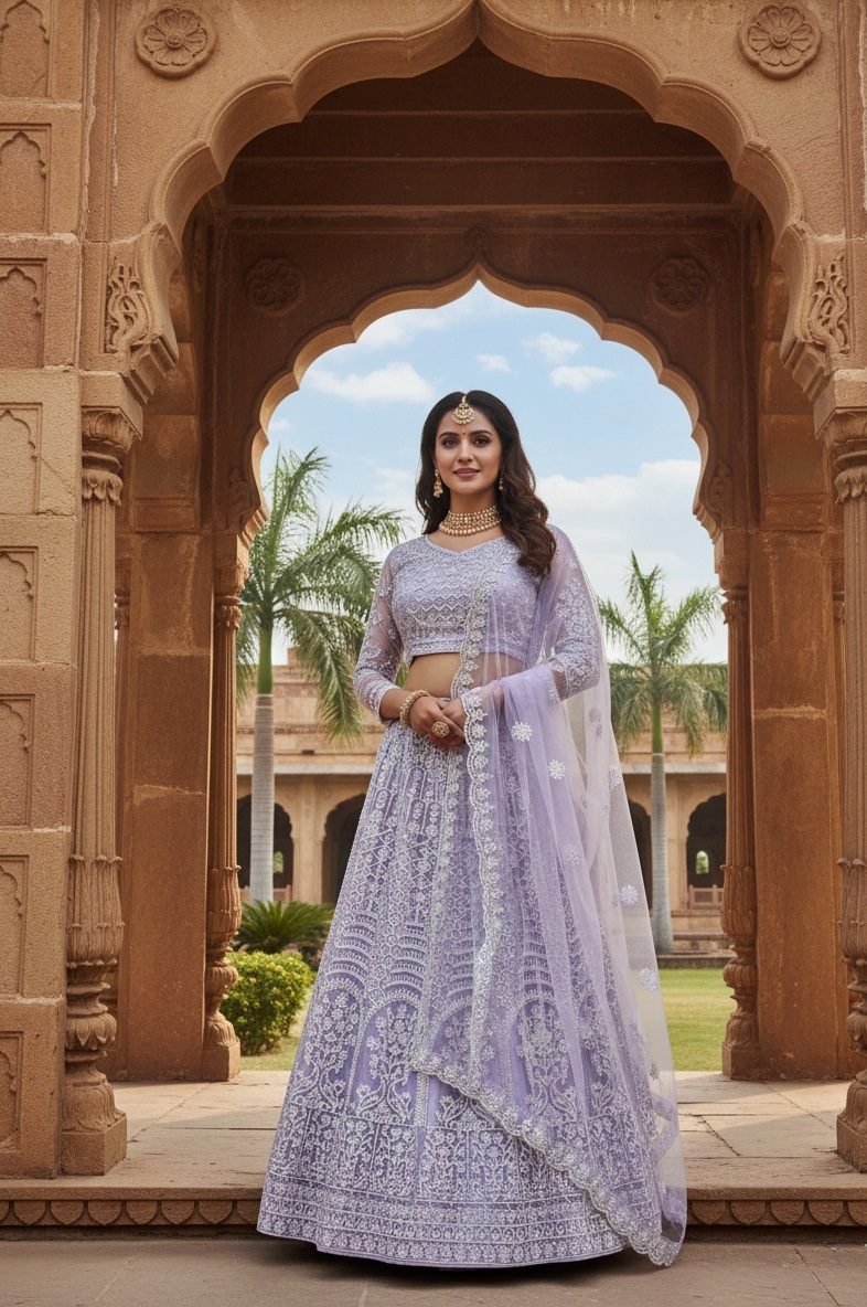 Premium Embellished Semi-Stitched Wedding Wear Net Lehenga & Unstitched Blouse With Dupatta